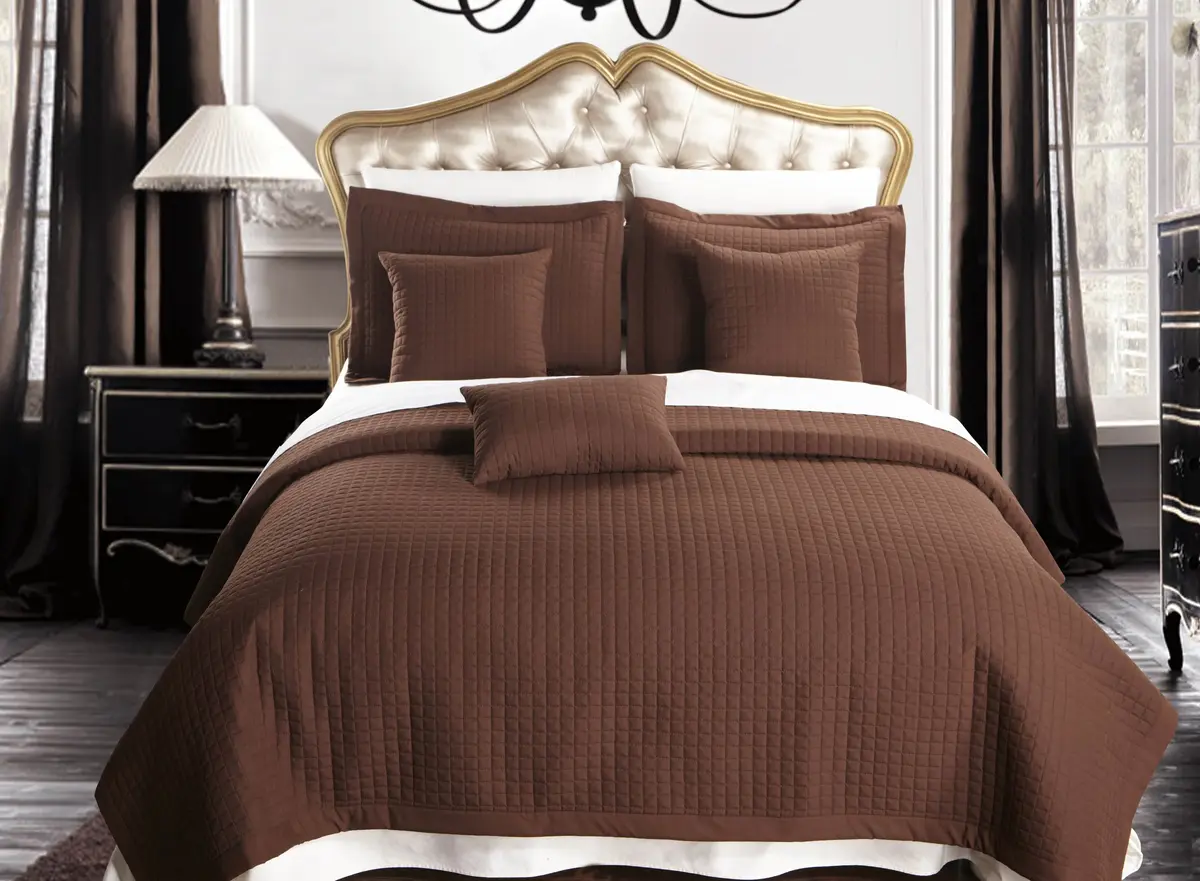 Royal Hotel Checkered Quilted Bedspread Set – 3 Piece Ultra Soft Coverlet, Breathable All-Season Quilt Bedding, Chocolate King Cal-King - view 2