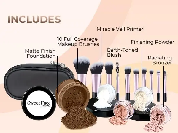 Sweet Face Minerals 16pc Mineral Makeup Starter Kit with 10 Brush Set | Travel Size, Natural Finish, SPF 30, Beginner Friendly - view 3