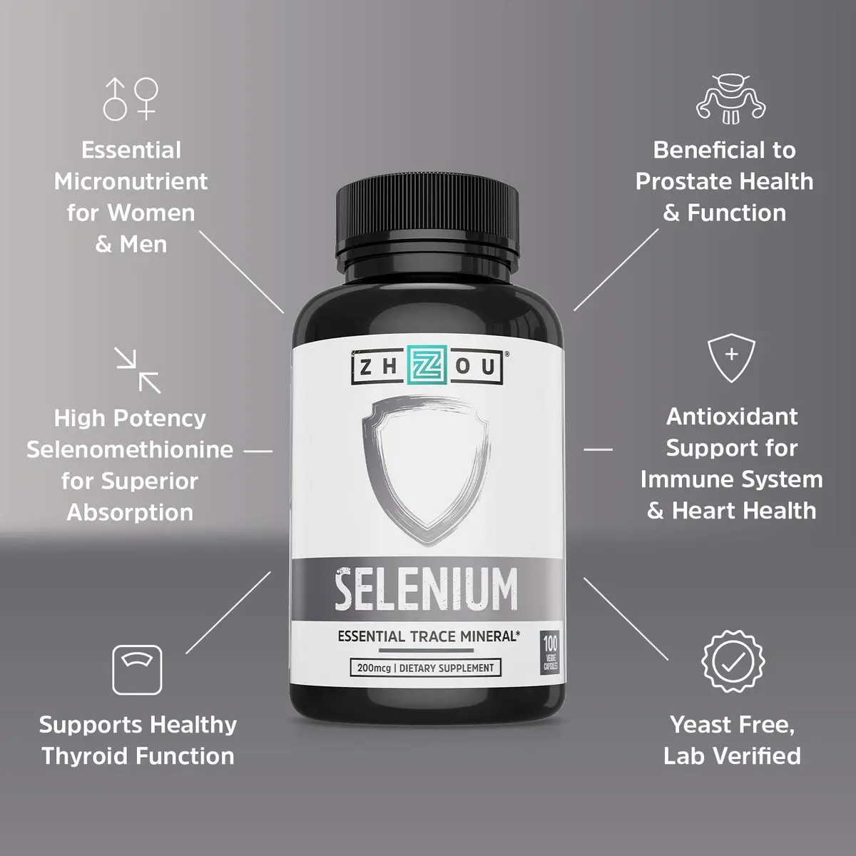 ZHOU Selenium 200mcg Capsules | Antioxidant & Thyroid Support, 100 Veggie Capsules - view 3