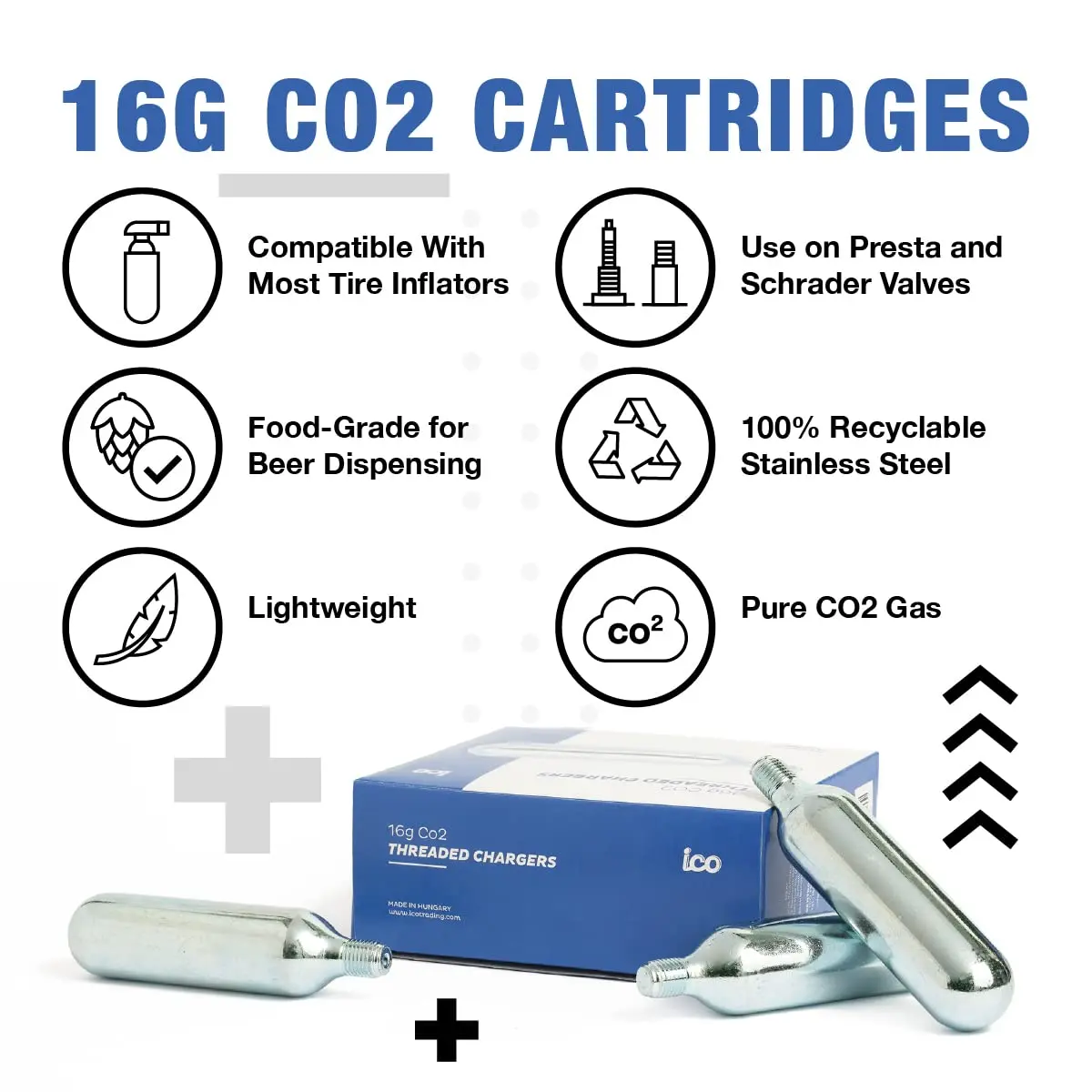 ICO Threaded CO2 Cartridges 16g | High-Pressure Bike Inflator Refills (16 grams) - view 2