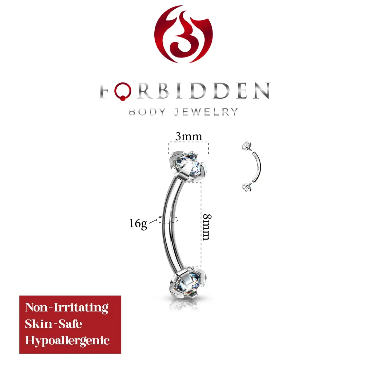 Forbidden Body Jewelry 16g 8mm Daith Earring, Eyebrow Ring & Rook Piercing | Internally Threaded Clear CZ Barbell - view 2