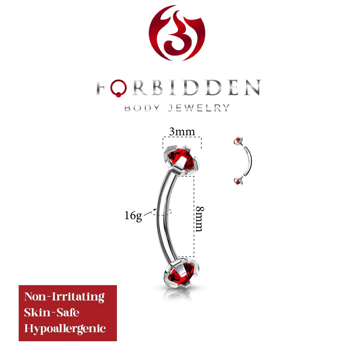 Forbidden Body Jewelry 16g 8mm Daith Earring, Eyebrow Ring & Rook Piercing | Internally Threaded Red CZ Barbell - view 2