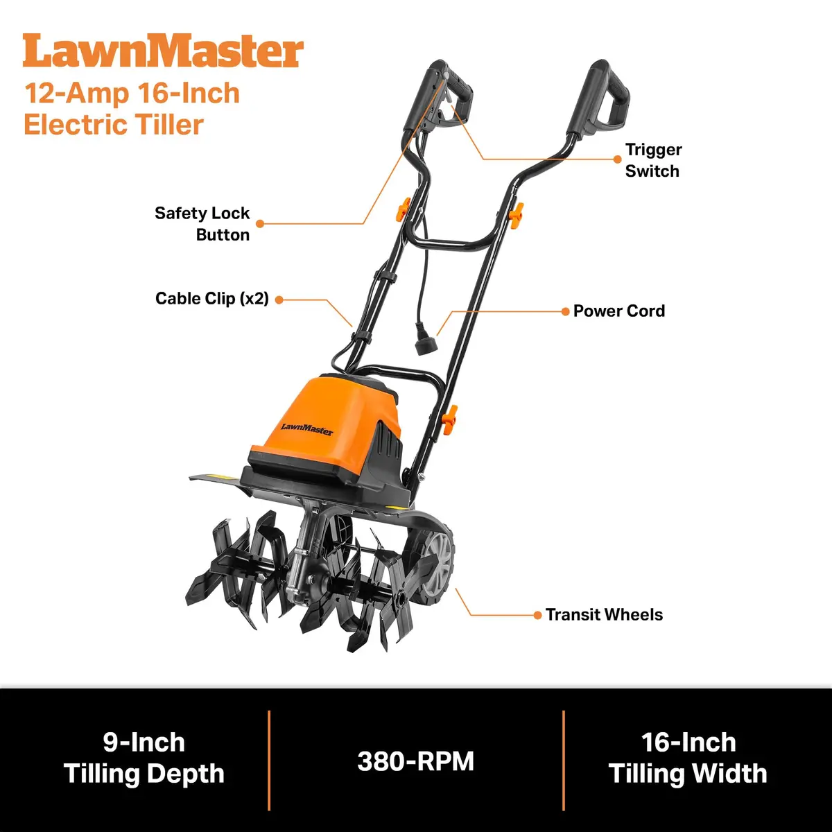 LawnMaster TE1216M Electric Tiller 16-Inch | 12-Amp Power for Tough Soil - view 7