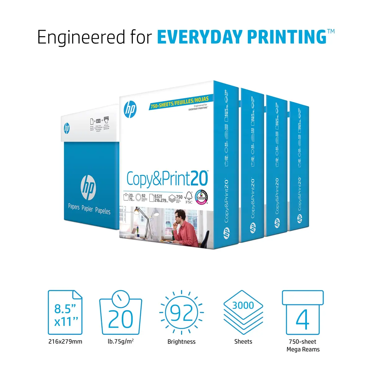 HP Papers Copy & Print 20 lb Letter Size Paper 3000 Sheets (8.5 x 11 Inches) | 92 Bright FSC Certified - view 2
