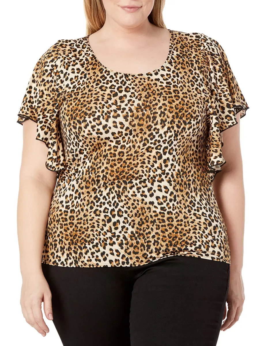 Star Vixen Plus-Size Angel Sleeve Top, Cheetah Print, 2X | Flattering Animal Print with Flutter Sleeves - main product image