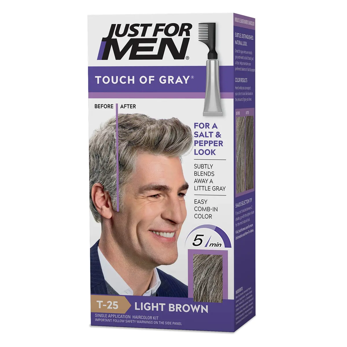 Just For Men Touch of Gray Hair Color Light Brown T-25 | Blends Gray for Salt & Pepper Look - main product image