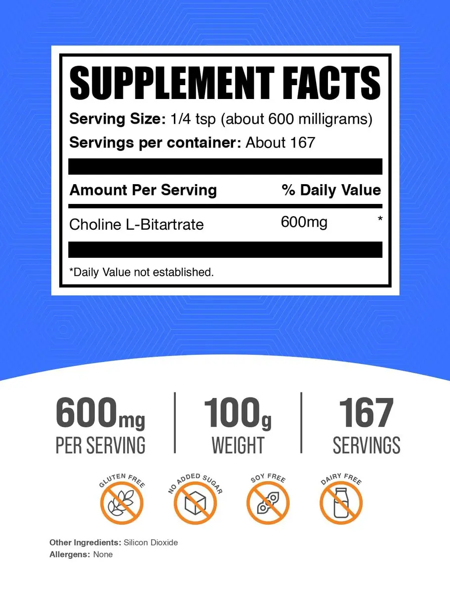 BulkSupplements Choline Bitartrate Powder 100g | Gluten-Free, Unflavored, 600mg per Serving - view 2