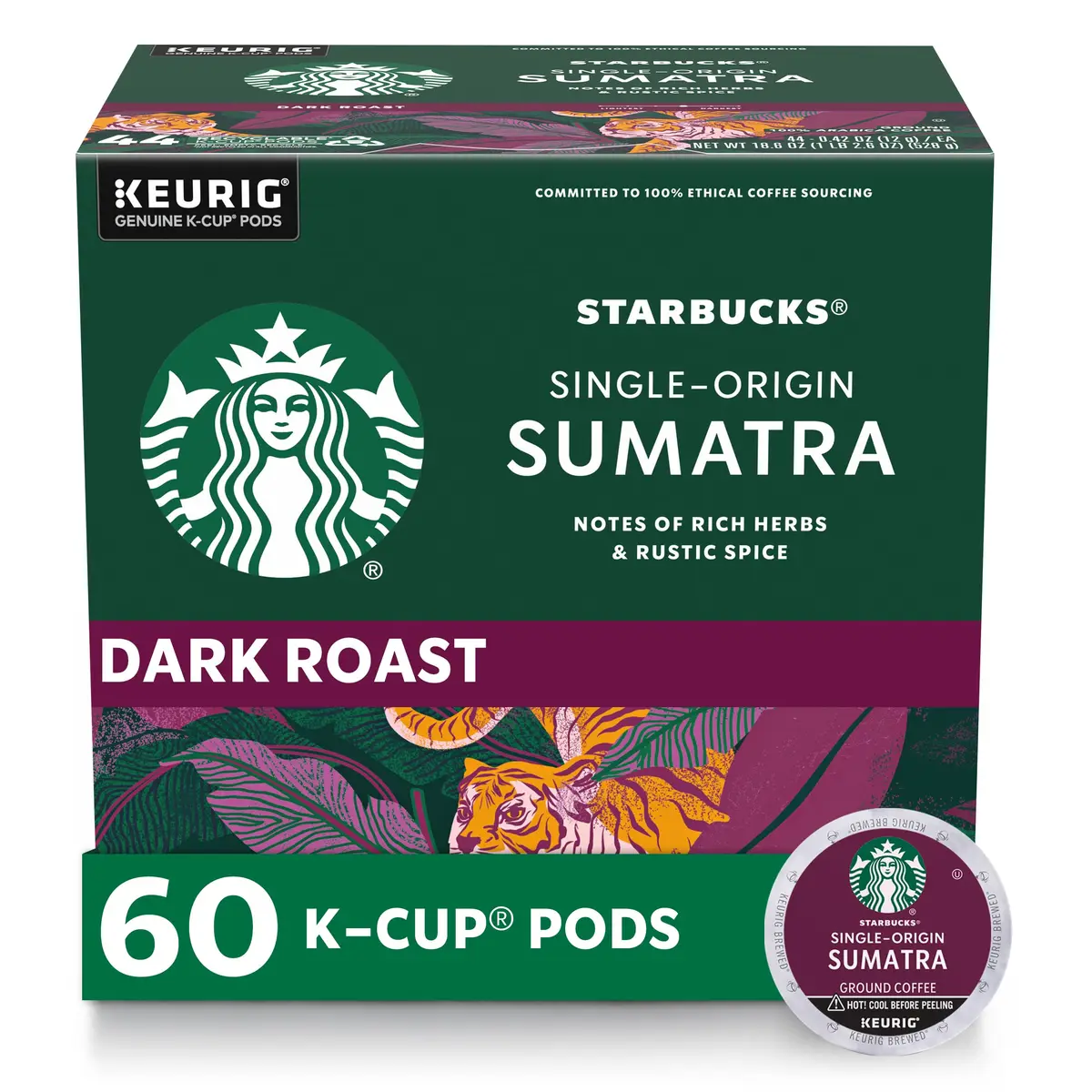 Starbucks K-Cup Coffee Pods, Dark Roast Sumatra | 60 Pods, 100% Arabica, Ethically Sourced - main product image