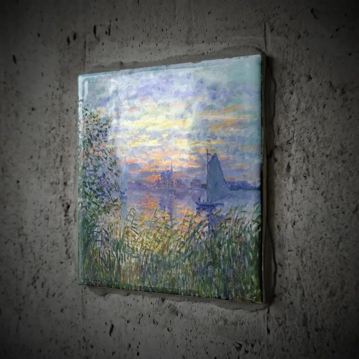 3dRose Ceramic Tile 8 Inch Square High Gloss White Floral | Monet Sunset Scene - view 2