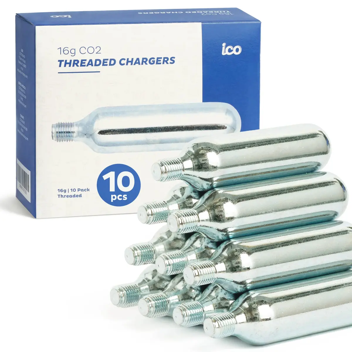 ICO Threaded CO2 Cartridges 16g | Instant Bike Tire Inflation, Food Grade, 10 Pack - main product image