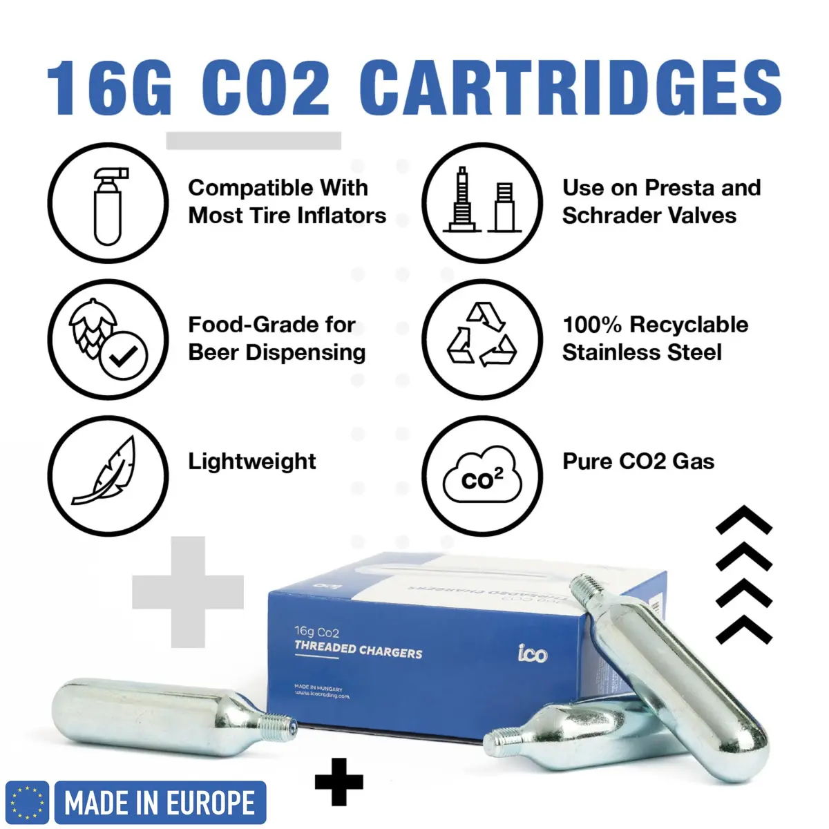 ICO Threaded CO2 Cartridges 16g | Instant Bike Tire Inflation, Food Grade, 10 Pack - view 2