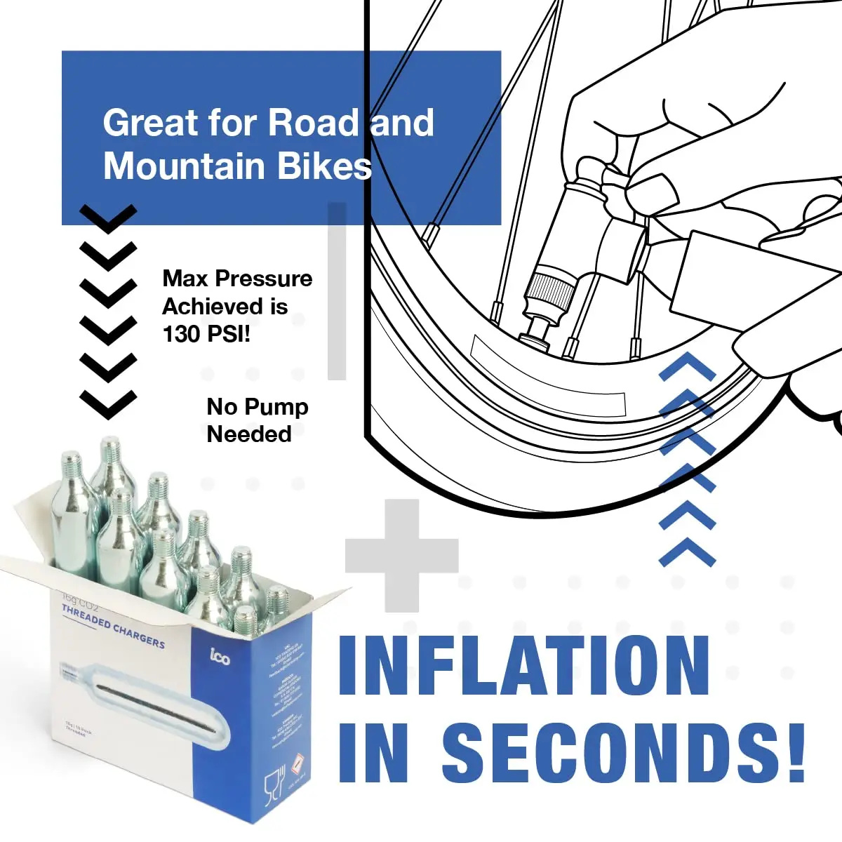 ICO Threaded CO2 Cartridges 16g | Instant Bike Tire Inflation, Food Grade, 10 Pack - view 3