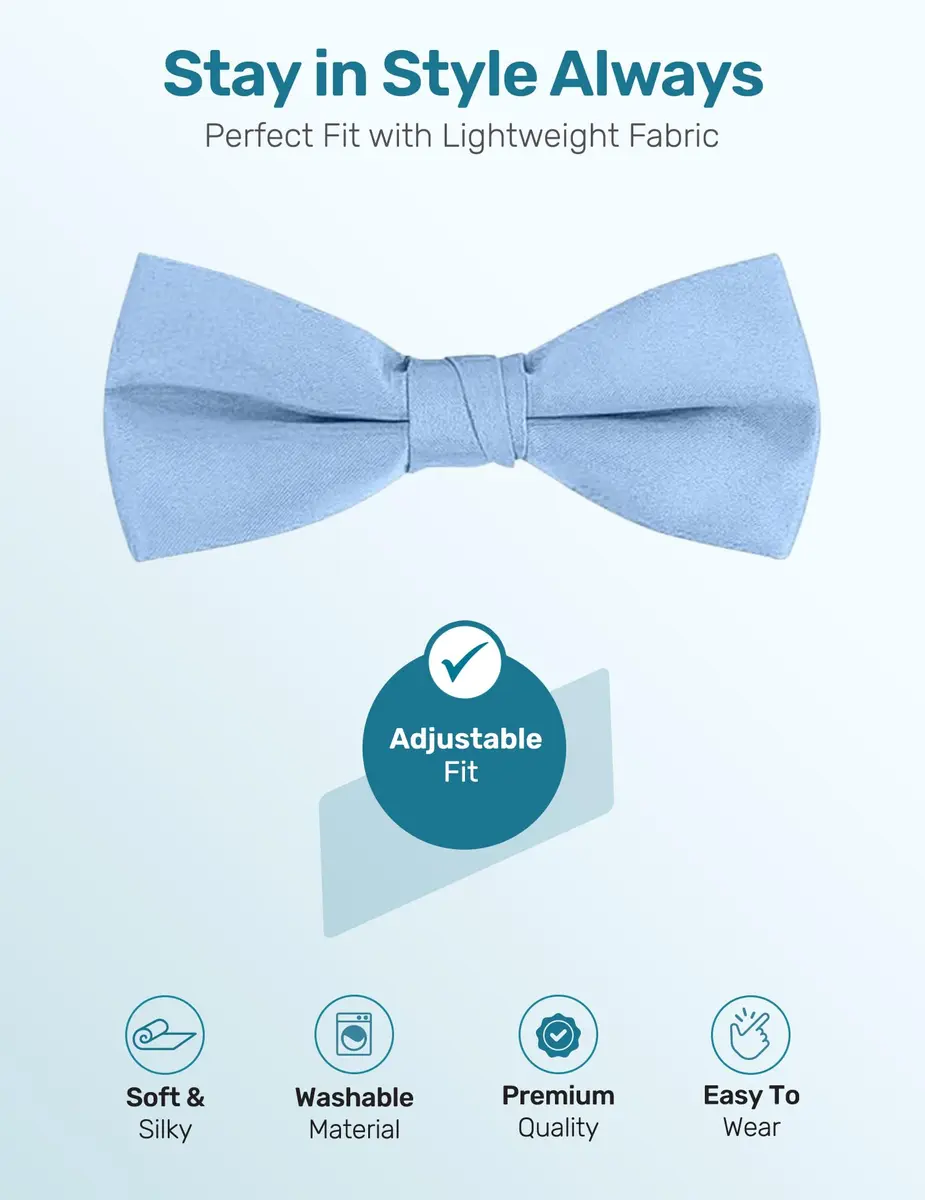 S.H. Churchill & Co. Men's Satin Pre-Tied Tuxedo Bow Tie Light Blue | Adjustable Strap, Classic Style - view 5