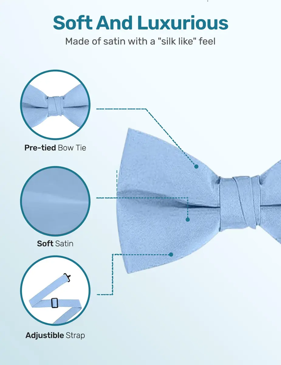 S.H. Churchill & Co. Men's Satin Pre-Tied Tuxedo Bow Tie Light Blue | Adjustable Strap, Classic Style - view 4