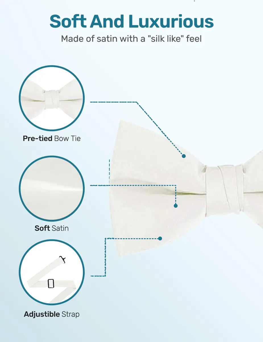 S.H. Churchill & Co. Men's Satin Pre-Tied Tuxedo Bow Tie - Ivory | Adjustable Strap, Classic Style - view 4