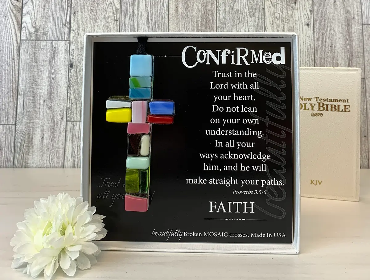 The Grandparent Gift Handmade Mosaic Confirmation Cross for Girls or Boys | 4" Keepsake with Confirmation Sentiment - view 2