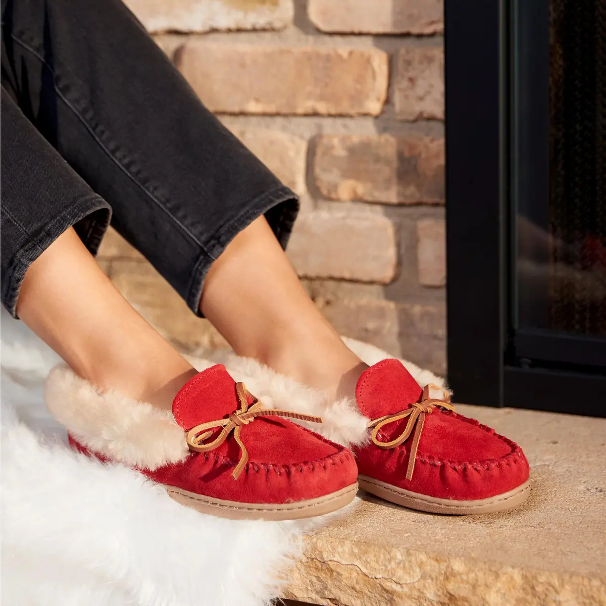 Minnetonka Women's Alpine Sheepskin Moccasin Slippers, Red, 7 M US | Cozy Warm Sheepskin Comfort - view 3