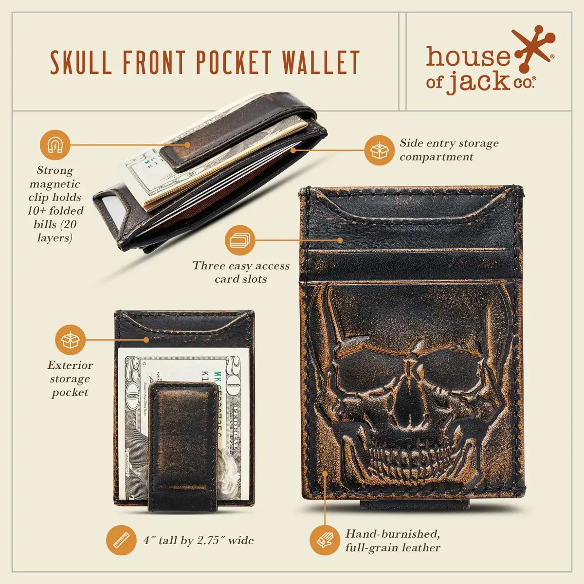 House of Jack Co. Skull Magnetic Money Clip Wallet 3.6cm (1.4in) | Full Grain Leather - view 3