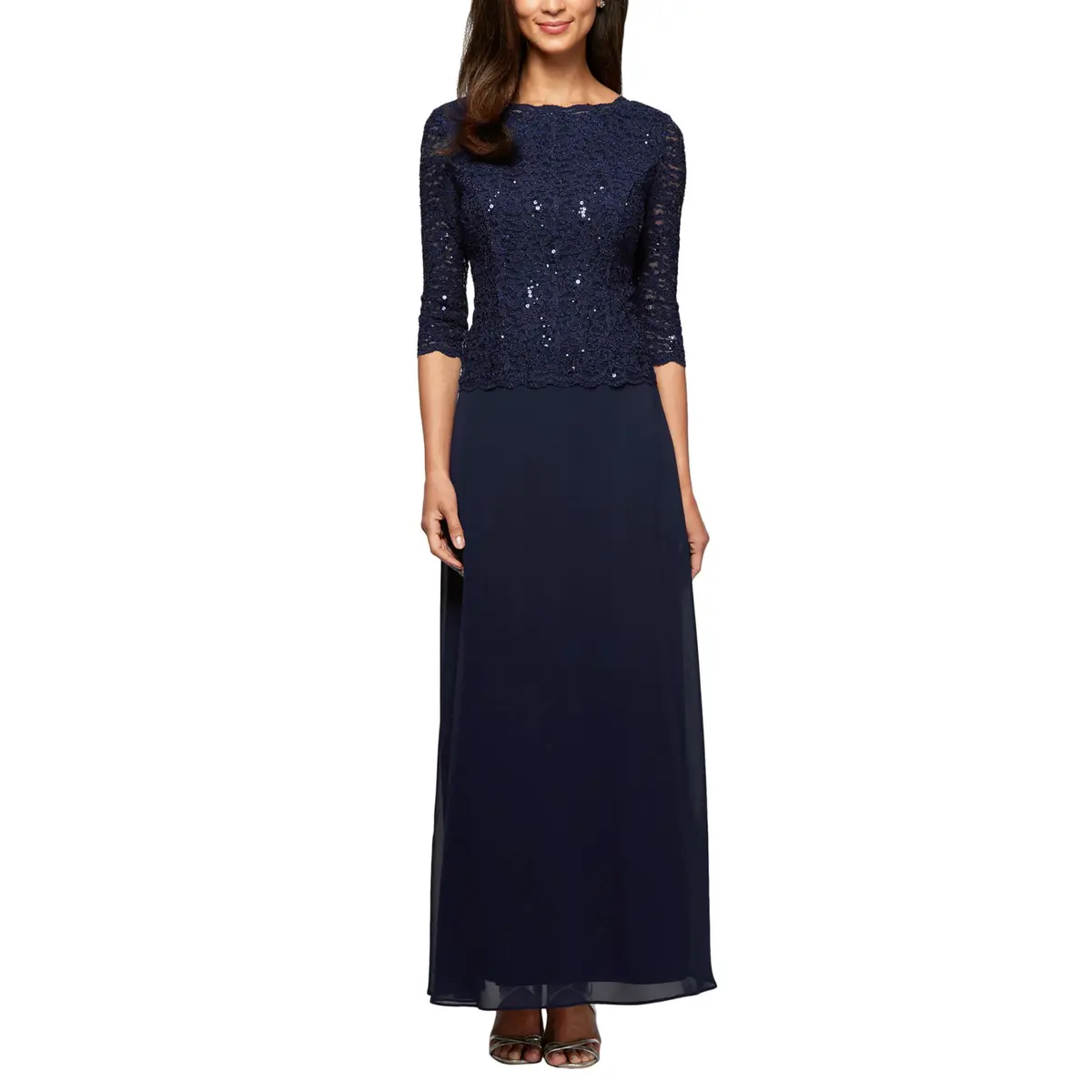 Alex Evenings Women's 3/4 Sleeve Stretch Lace Bodice Mother of the Bride Dress (Petite & Regular), Navy, Size 12 | Elegant Formal Gown - main product image
