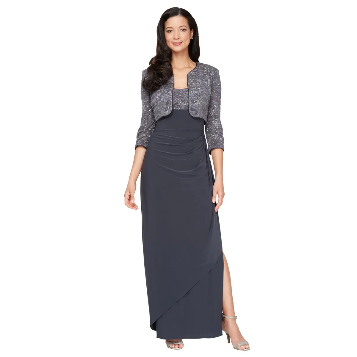 Alex Evenings Womens Empire Waist Bolero Jacket Dress (Petite & Regular) | Elegant Eveningwear in Smoke, Size 10P - main product image