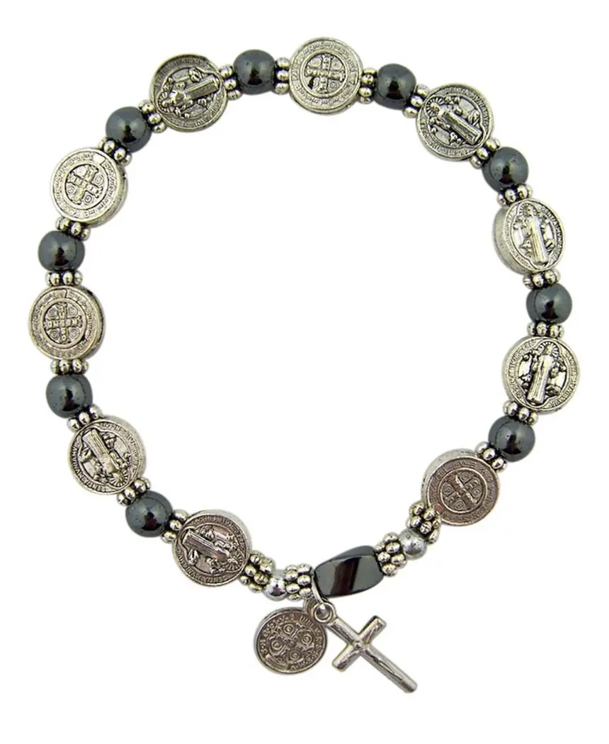 CB Silver Tone Saint Benedict Medal Hematite Bead Rosary Bracelet, 7.5 Inch | Patron of Monks & Against Evil - view 2