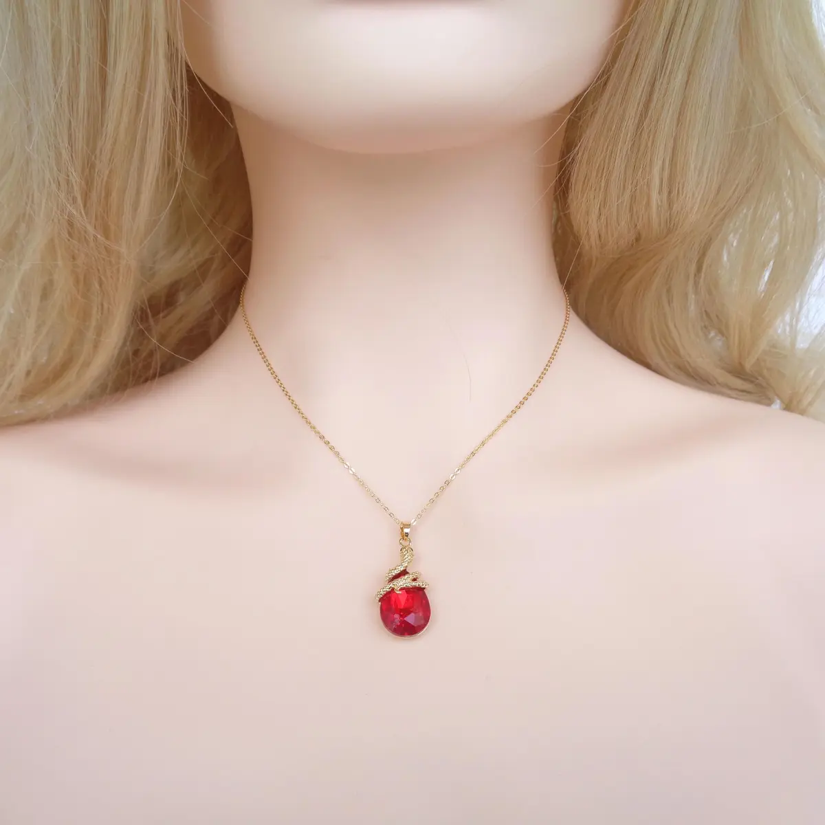 Navachi 18k Gold Plated Water Drop Crystal Red Zircon Snake Pendant Necklace 16"+2" | Elegant Reptile Design - view 4
