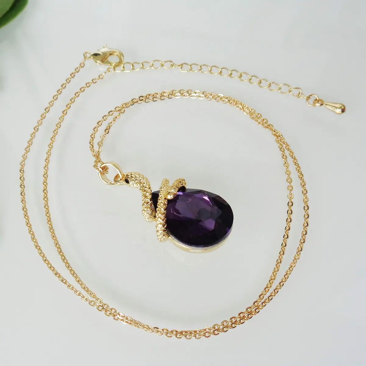 Navachi 18k Gold Plated Water Drop Crystal Pendant Necklace 16"+2" | Purple Zircon Snake - view 3
