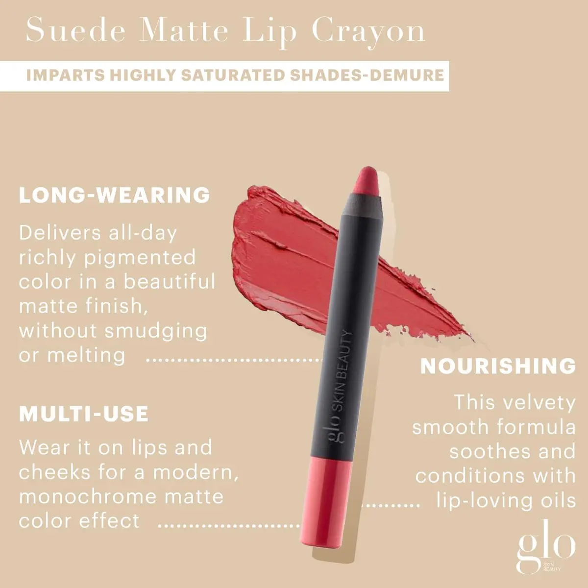 Glo Skin Beauty Suede Matte Lip Crayon, Long-Lasting Color, Demure | Velvety Matte Lipstick for All - view 2