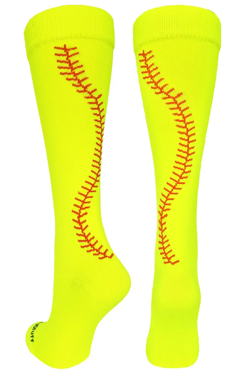 MadSportsStuff Softball Socks with Stitches Over the Calf (Neon Yellow/Red, Small) | High-Performance Athletic Socks - main product image