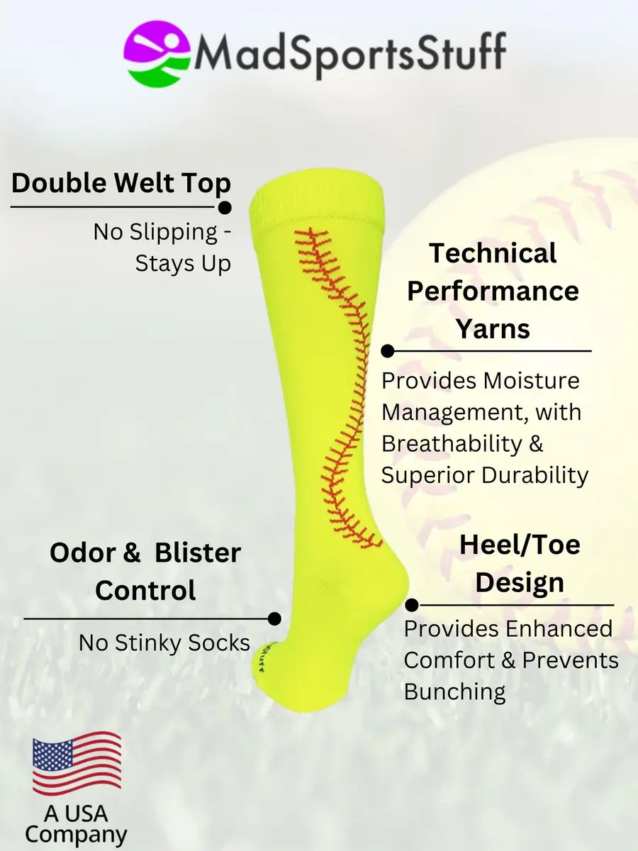 MadSportsStuff Softball Socks with Stitches Over the Calf (Neon Yellow/Red, Small) | High-Performance Athletic Socks - view 5