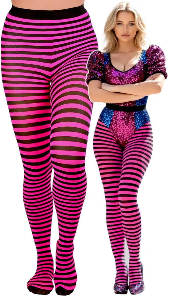 ToBeInStyle Women's Thin Horizontal Stripe Tights - Black/Hot Pink | Full-Footed, Stretchy, Colorful (70 denier, Plus Size) - main product image
