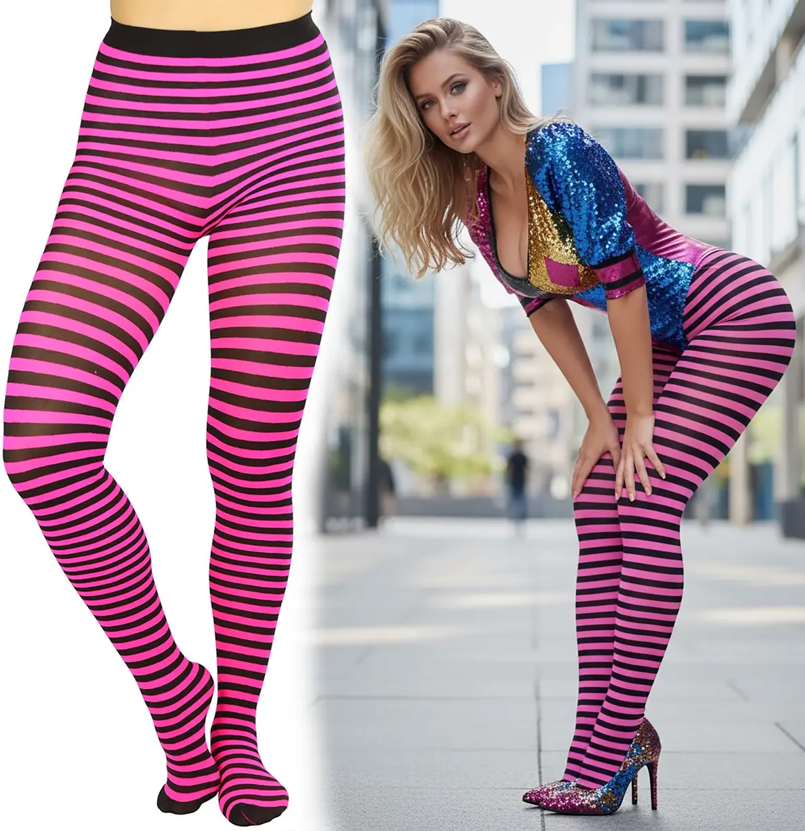 ToBeInStyle Women's Thin Horizontal Stripe Tights - Black/Hot Pink | Full-Footed, Stretchy, Colorful (70 denier, Plus Size) - view 5