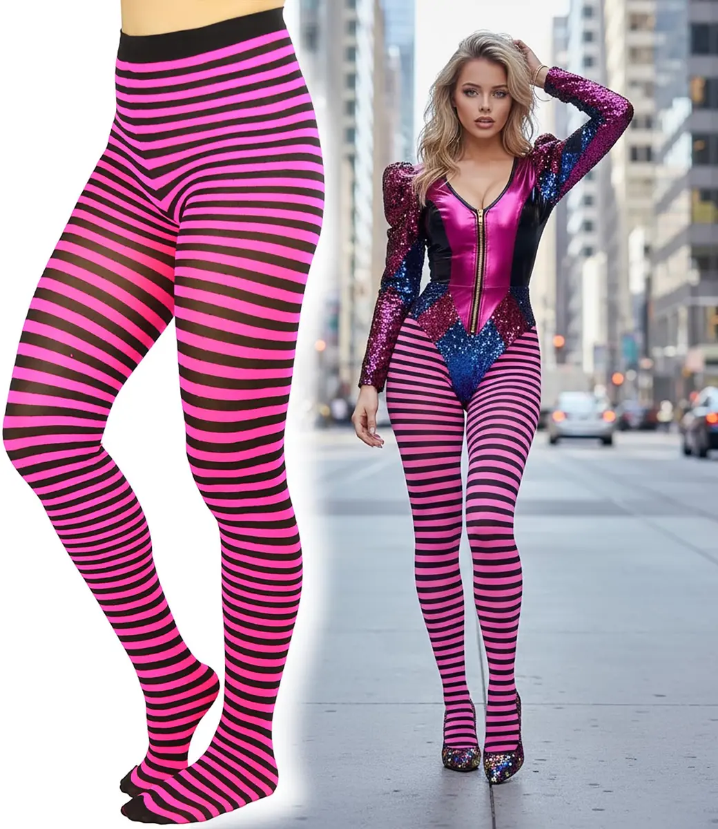 ToBeInStyle Women's Thin Horizontal Stripe Tights - Black/Hot Pink | Full-Footed, Stretchy, Colorful (70 denier, Plus Size) - view 4