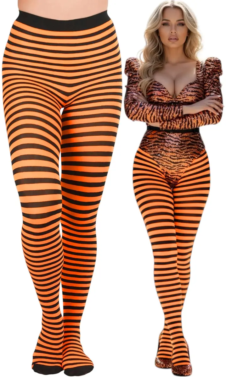 ToBeInStyle Women's Thin Horizontal Stripe Tights - Black/Neon Orange | Full-footed, Stretchy, Neon & Festive - main product image