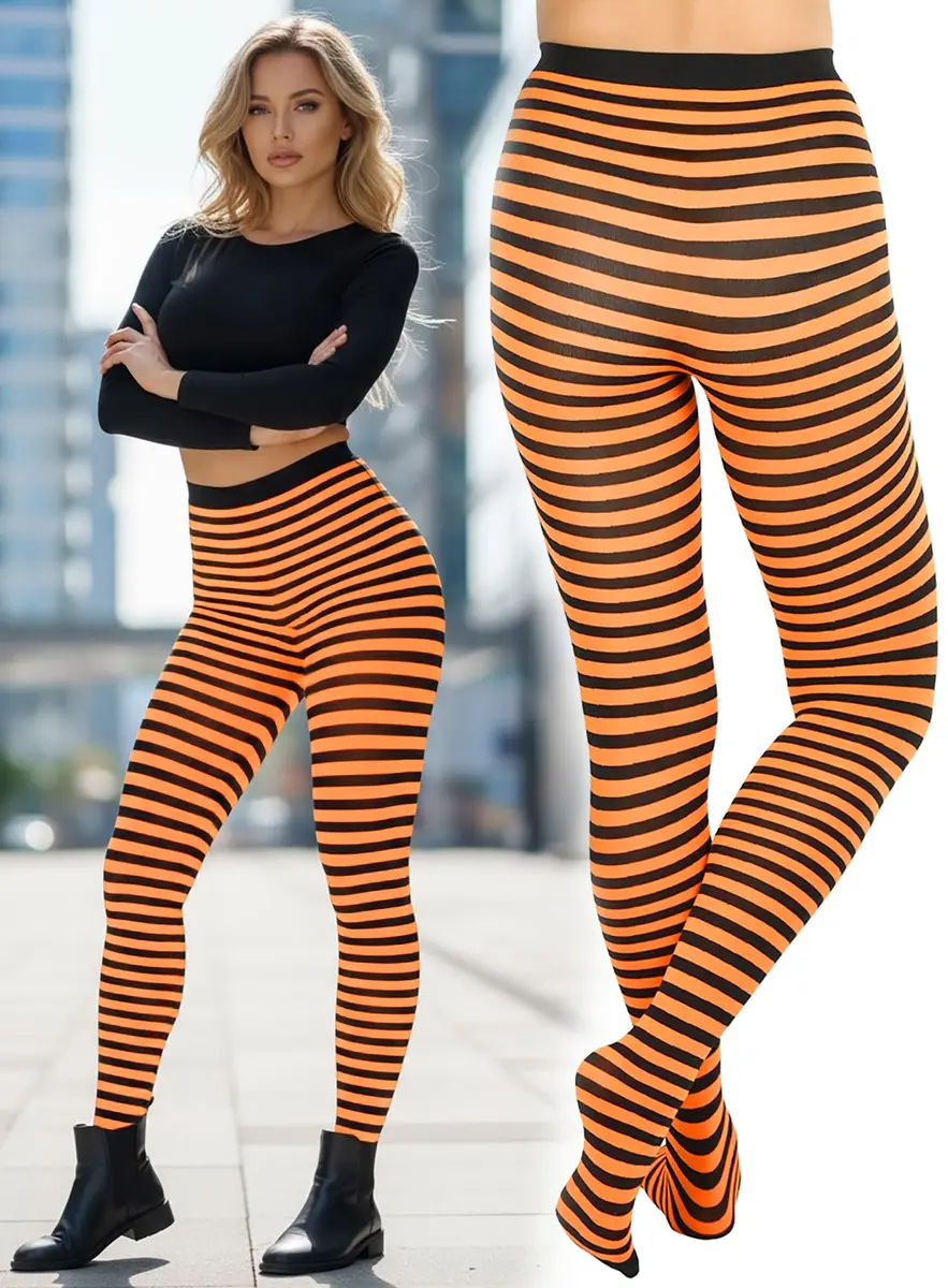 ToBeInStyle Women's Thin Horizontal Stripe Tights - Black/Neon Orange | Full-footed, Stretchy, Neon & Festive - view 2