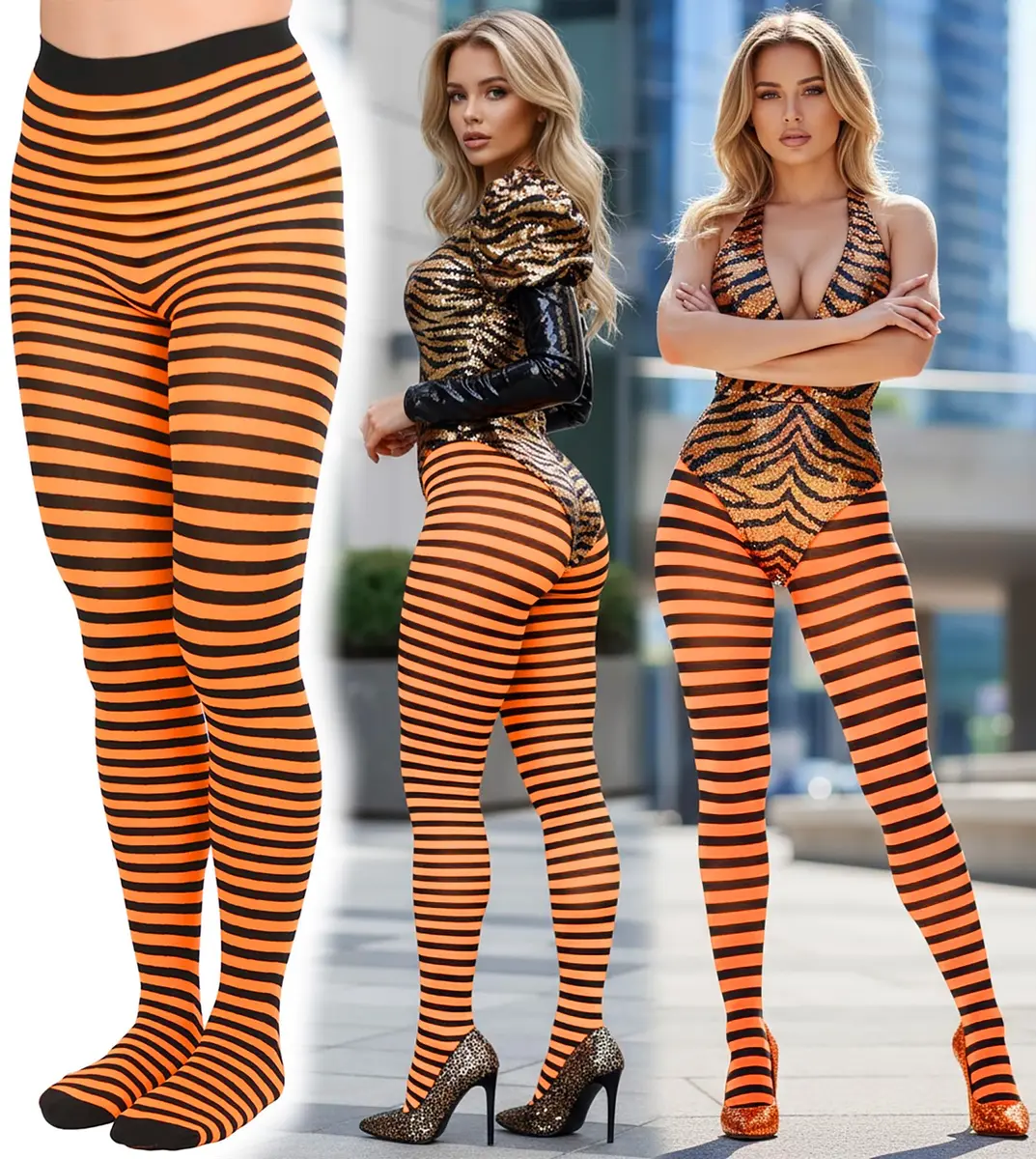 ToBeInStyle Women's Thin Horizontal Stripe Tights - Black/Neon Orange | Full-footed, Stretchy, Neon & Festive - view 4