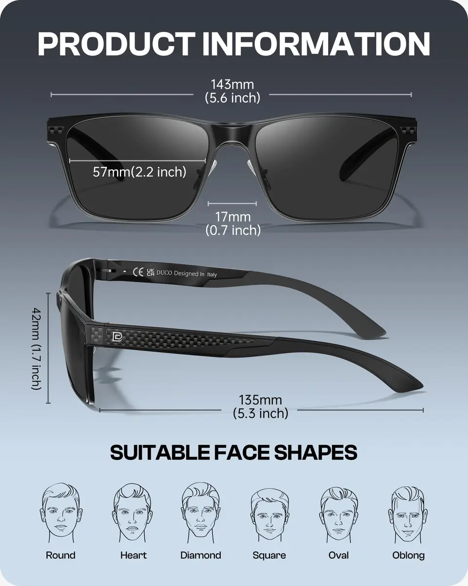 DUCO Polarized Square Sunglasses for Men 8207 | Lightweight Aluminum-Magnesium Frame, UV400 Polarized TAC Lenses - view 6