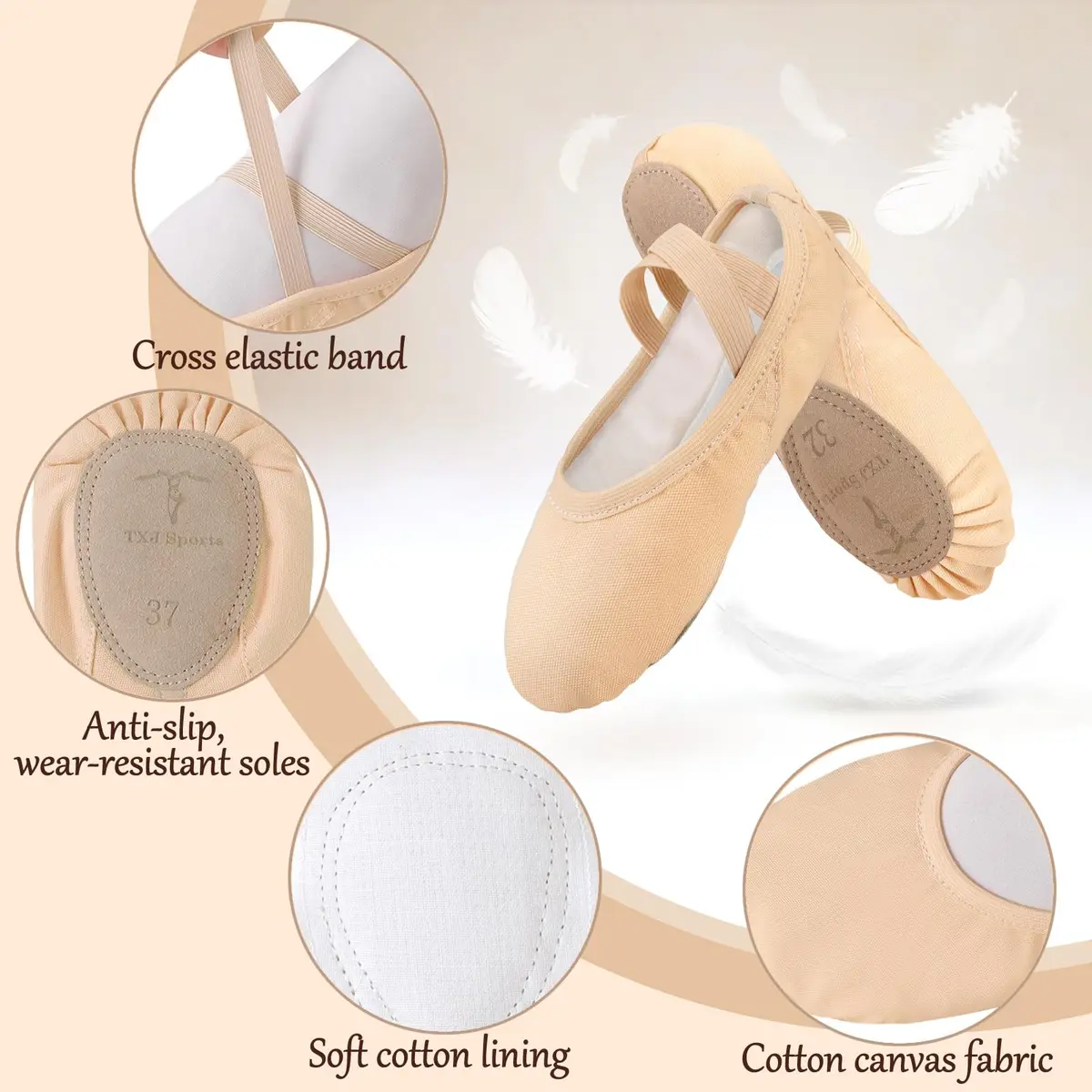 TXJ Sports Canvas Ballet Shoes for Women Girls | Breathable Split Sole Practice Flat Apricot - view 5