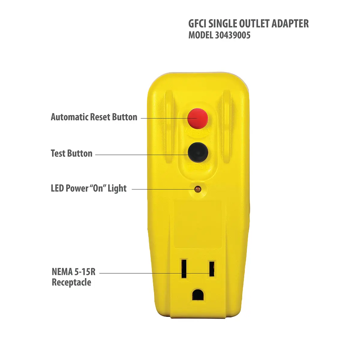 Tower Auto-Reset 15A Grounded 3-Prong GFCI Single Outlet Adapter, Yellow | Indoor UL Rated Safety - view 3