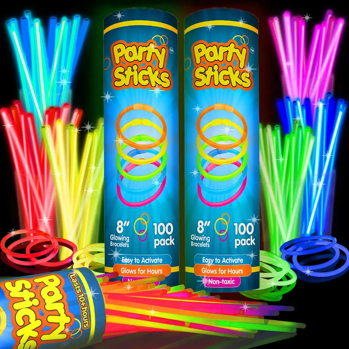 PartySticks 200 Count Glow Sticks Bulk Pack with Connectors | 8-Hour Glow for Parties - main product image