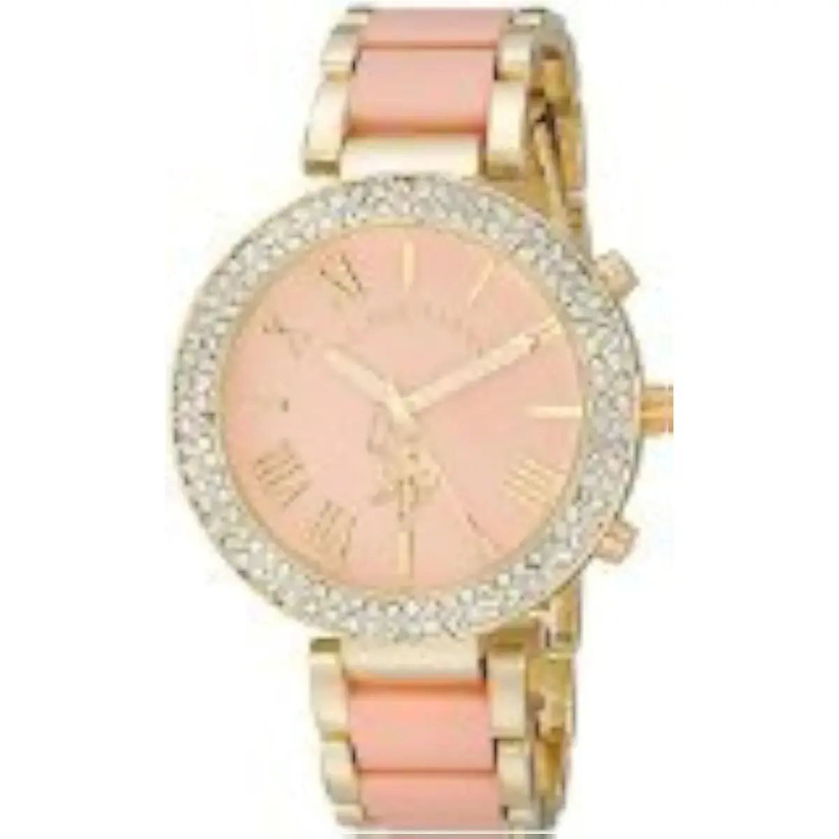 U.S. Polo Assn. Women's USC40063 Gold-Tone Sparkling Bezel Pink Dial Analog Watch 40mm | Classic Dress Watch - main product image