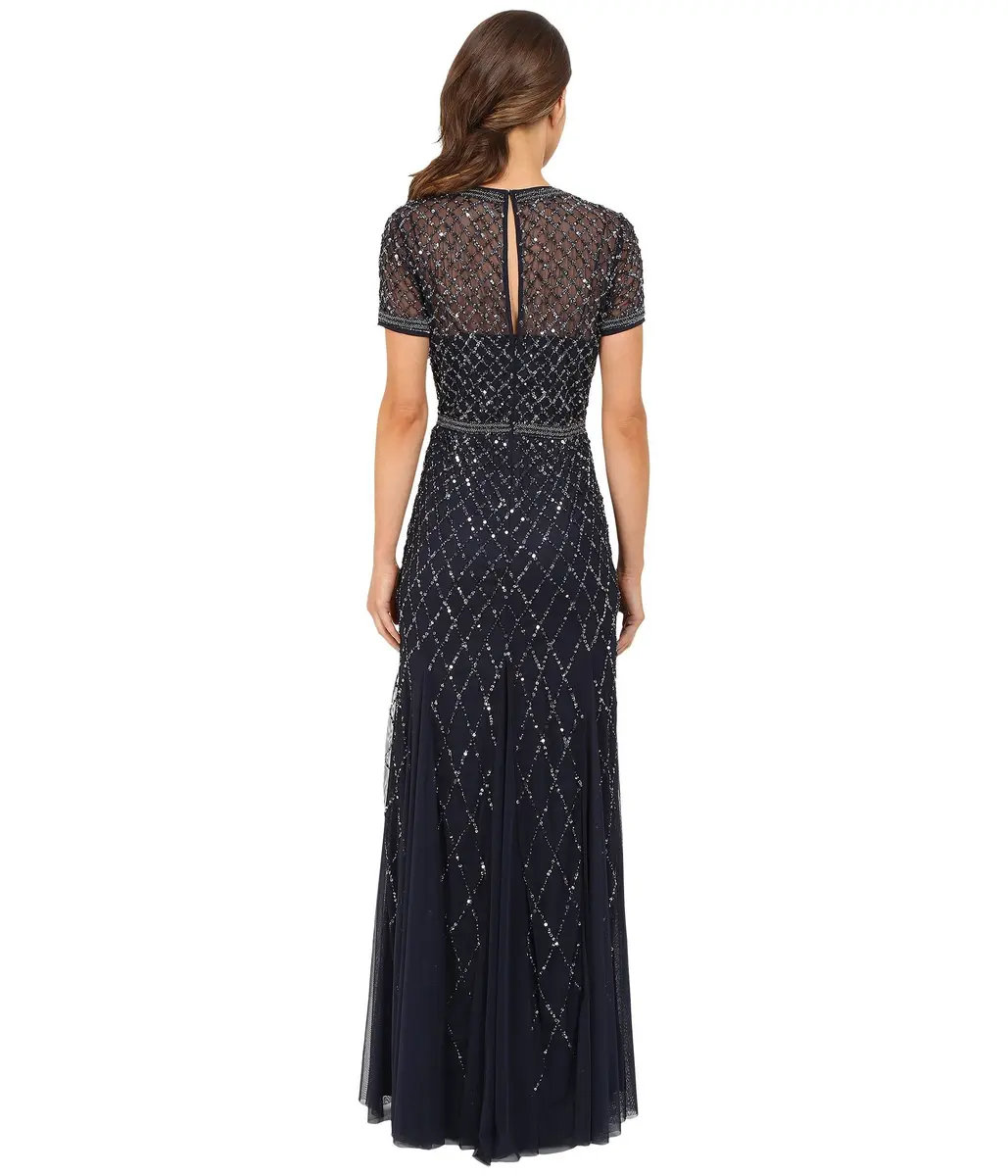 Adrianna Papell Short Sleeve Grid Beaded Gown, Navy, Size 6 | Elegant Evening Wear with Intricate Beadwork - view 4