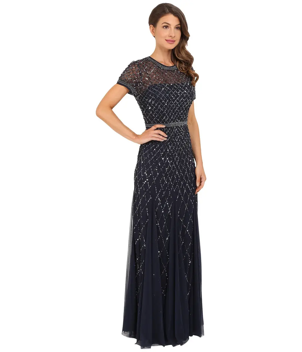Adrianna Papell Short Sleeve Grid Beaded Gown, Navy, Size 6 | Elegant Evening Wear with Intricate Beadwork - view 5