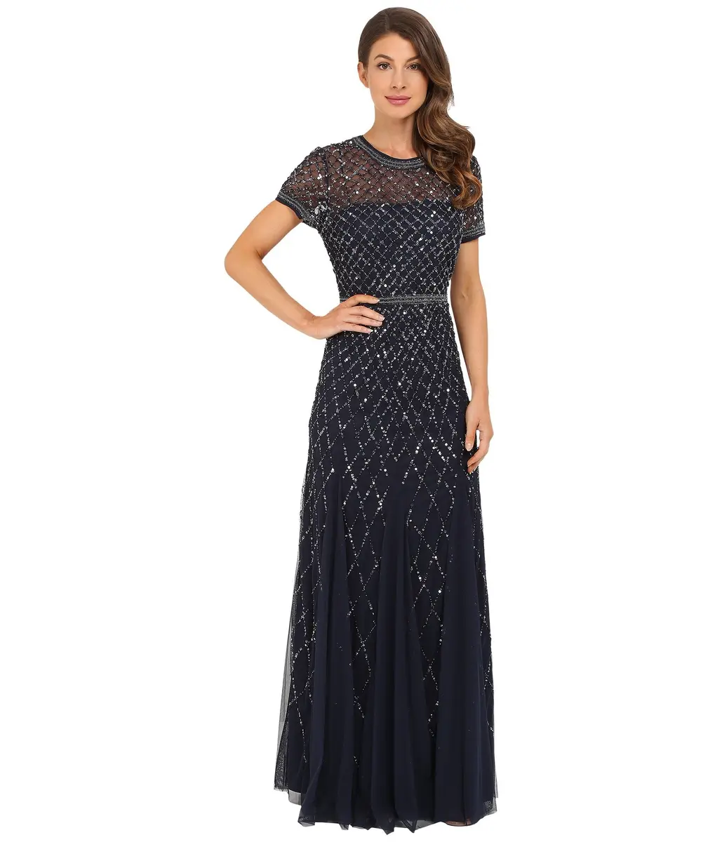 Adrianna Papell Short Sleeve Grid Beaded Gown, Navy, Size 6 | Elegant Evening Wear with Intricate Beadwork - main product image