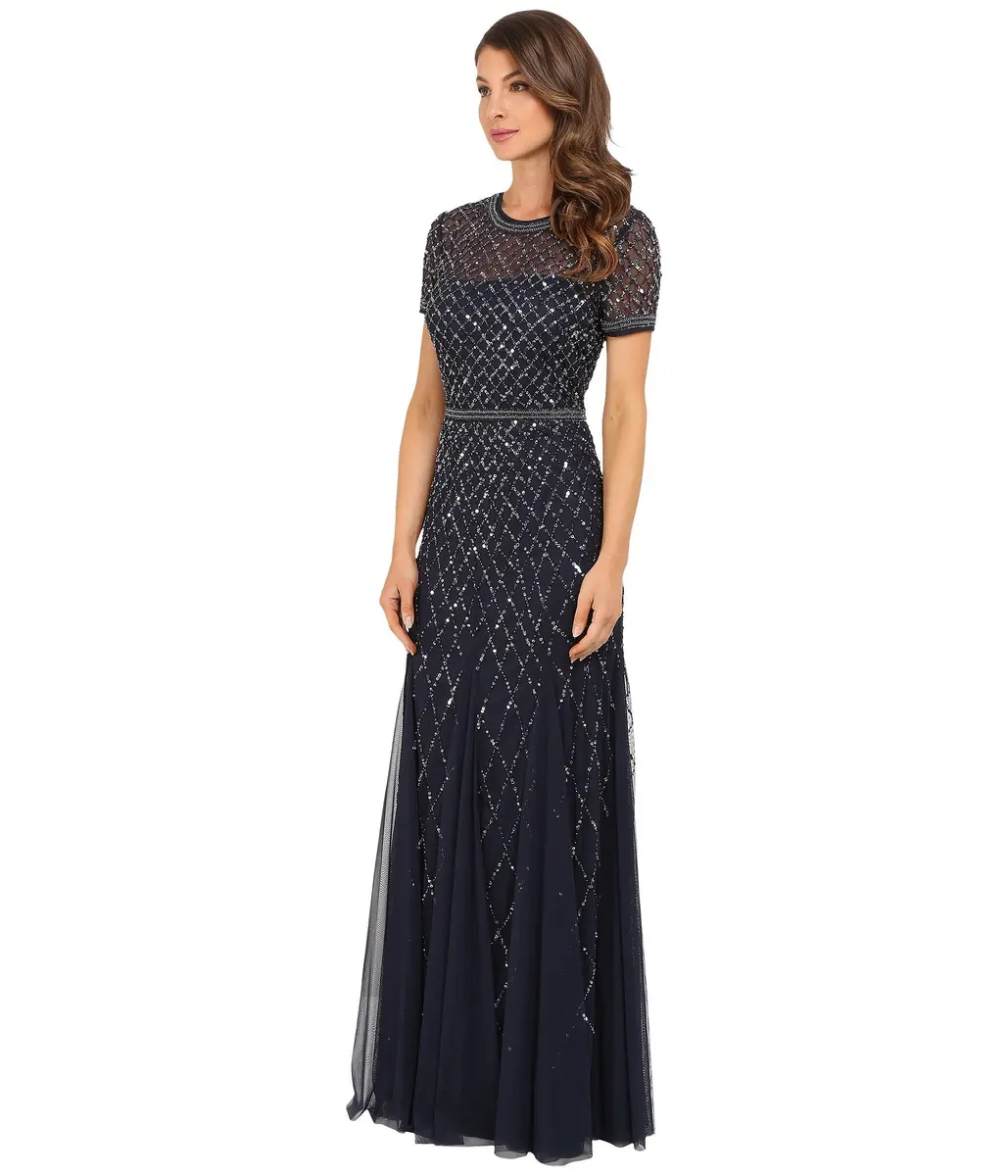 Adrianna Papell Short Sleeve Grid Beaded Gown, Navy, Size 6 | Elegant Evening Wear with Intricate Beadwork - view 2
