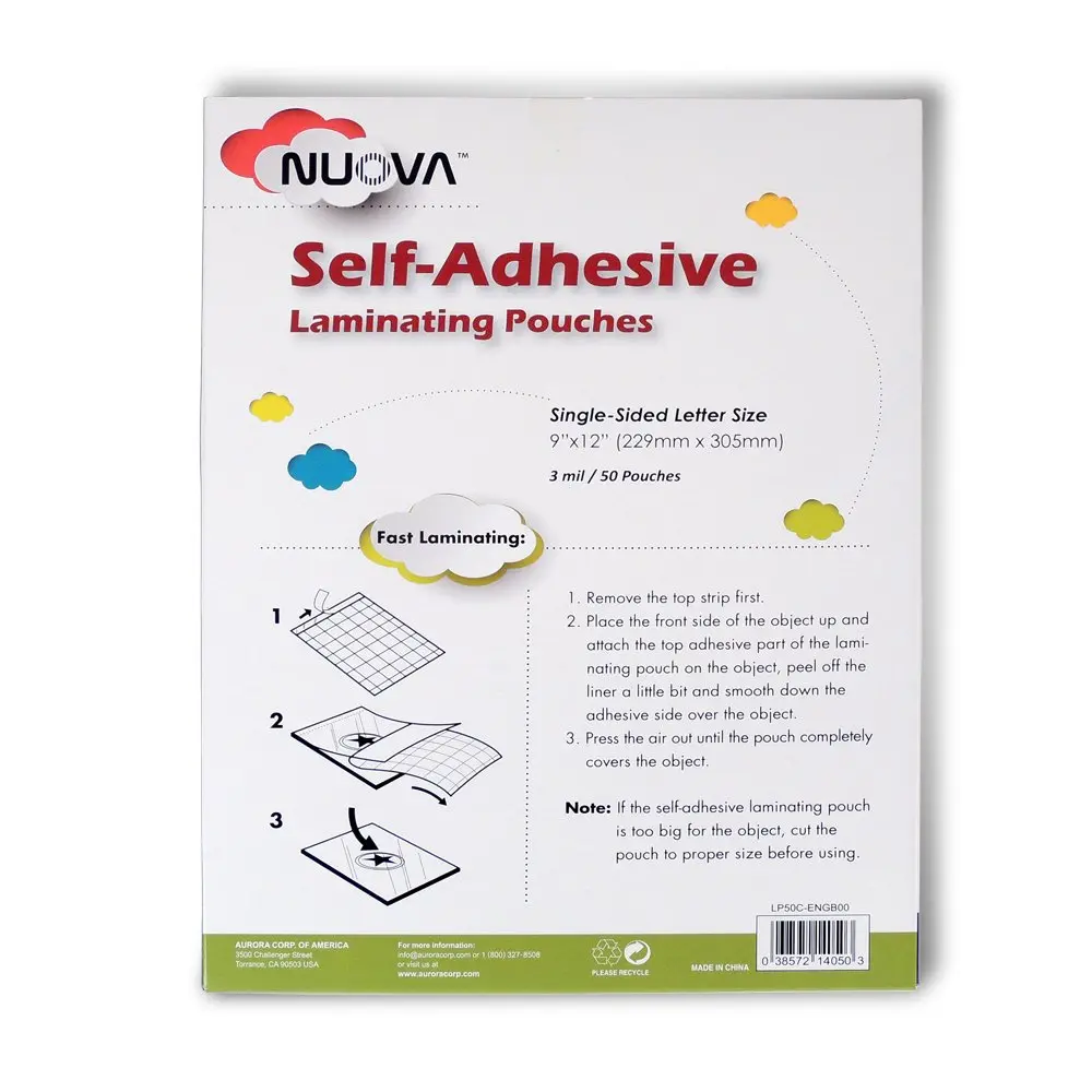Aurora Self-Adhesive Laminating Pouches 9" x 12" | Clear, 3 mil, 50 Sheets, Single Sided - view 2