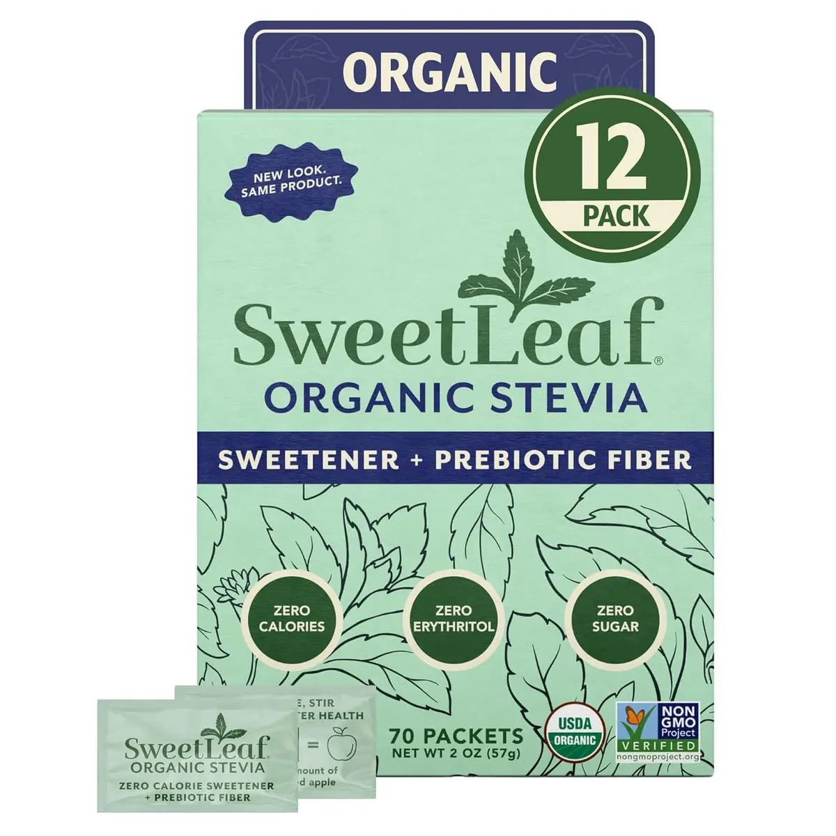 SweetLeaf Organic Stevia Powder Sweetener Sugar Free - 70 Packets (12 Pack) | Zero Calorie, Organic, Keto Friendly - main product image