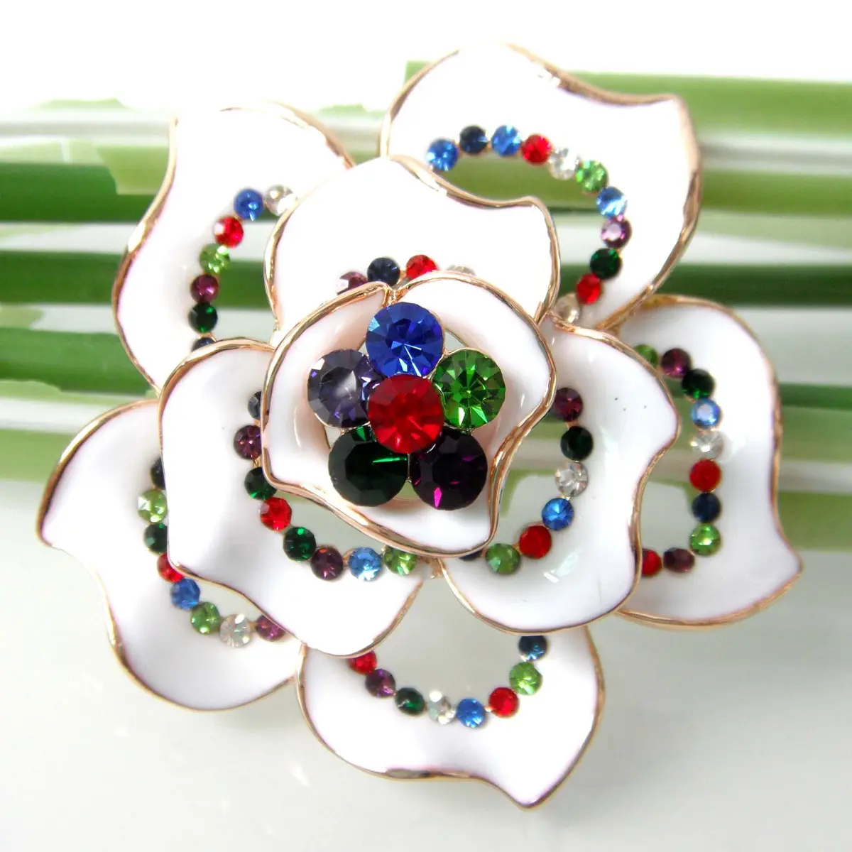 Navachi 18k Gold Plated Multi-color Crystal White Enamel Flower Brooch | Elegant Floral Accessory - view 2