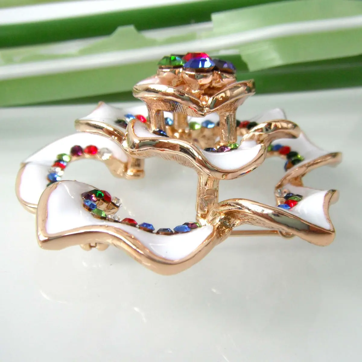 Navachi 18k Gold Plated Multi-color Crystal White Enamel Flower Brooch | Elegant Floral Accessory - view 3