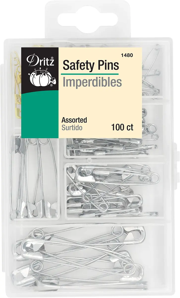 Dritz Assorted Safety Pins with Storage Box, Nickel-Plated Steel & Brass, 100 Count | Value Pack Sharp_pin - main product image